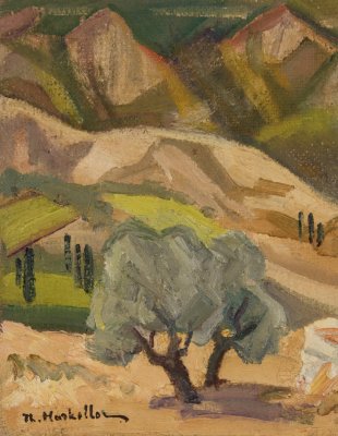 Olive Trees — Oil painting, Fiberboard, 27.00×35.00cm — Theodoros Markellos